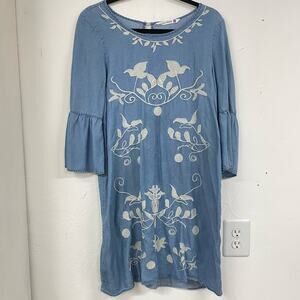 Given Kale Chambray Floral Embroidered 3/4 Sleeve Boho Dress S